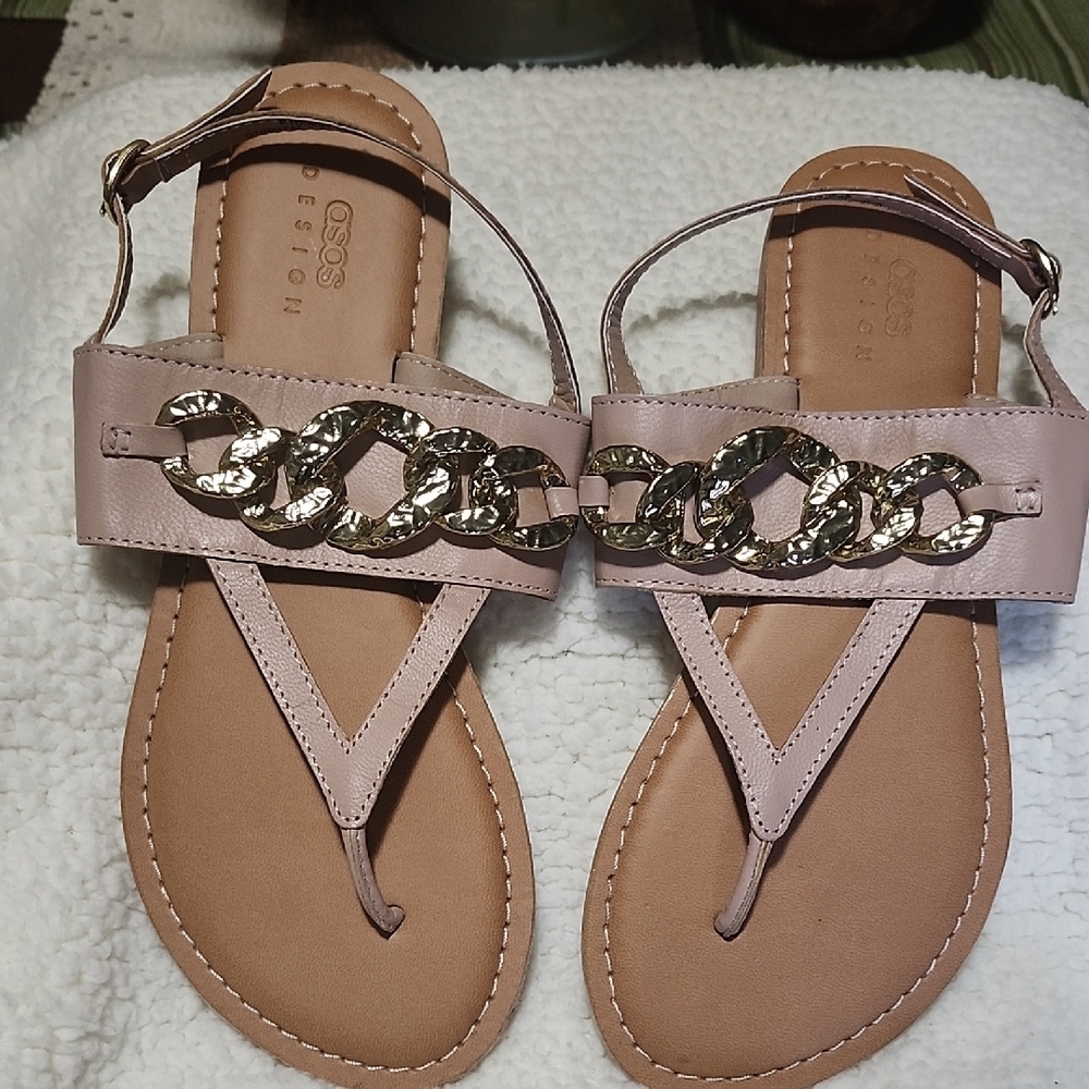 ASOS Tan Gold T-Strap Sandals with Chain Detail